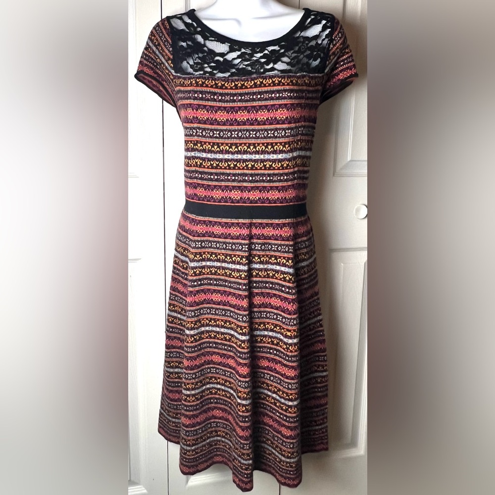 SPARROW Anthropologie Sweater Dress Boho Lace Cap Sleeve Orange Black Large - Picture 2 of 11